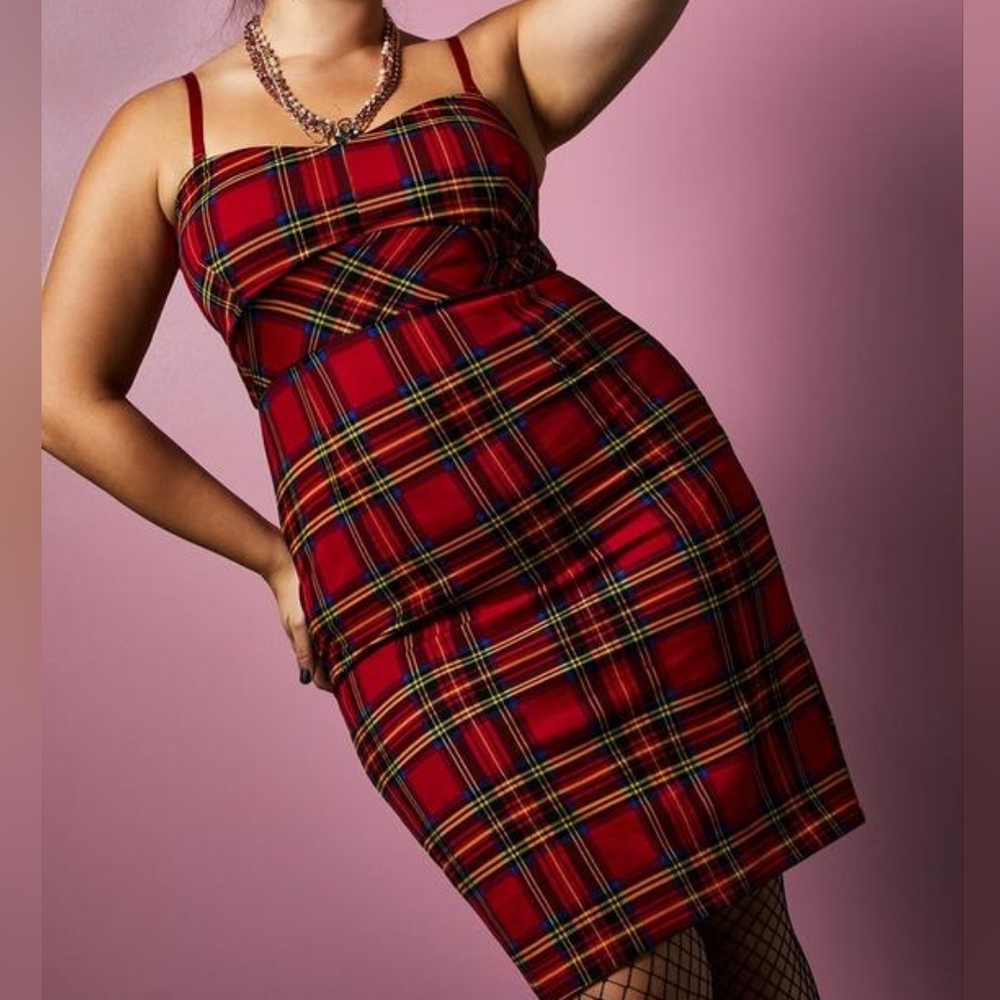Torrid x Betsey Johnson Collab Red Tartan Ponte Strapless Bodycon Dress …